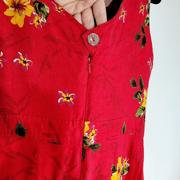 4/$20 Vintage Erika Sleeveless Linen Red Tropical Floral Print Dress Small - Picture 6 of 7